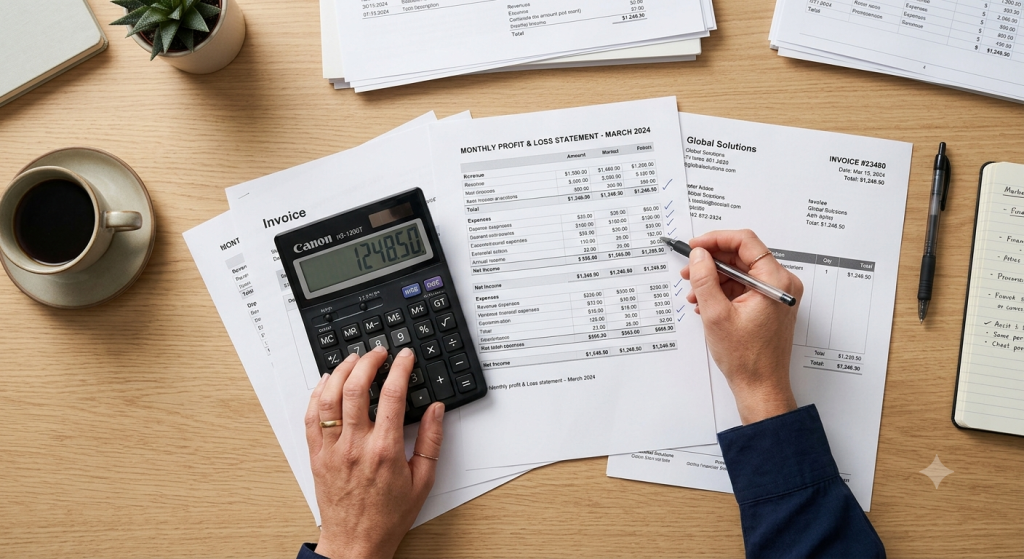Overhead view of hands using a calculator and pen on financial papers.
