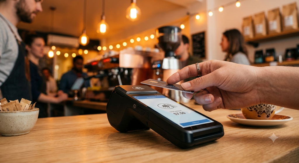 A customer tapping a credit card on a wireless POS terminal at a cozy coffee shop counter.