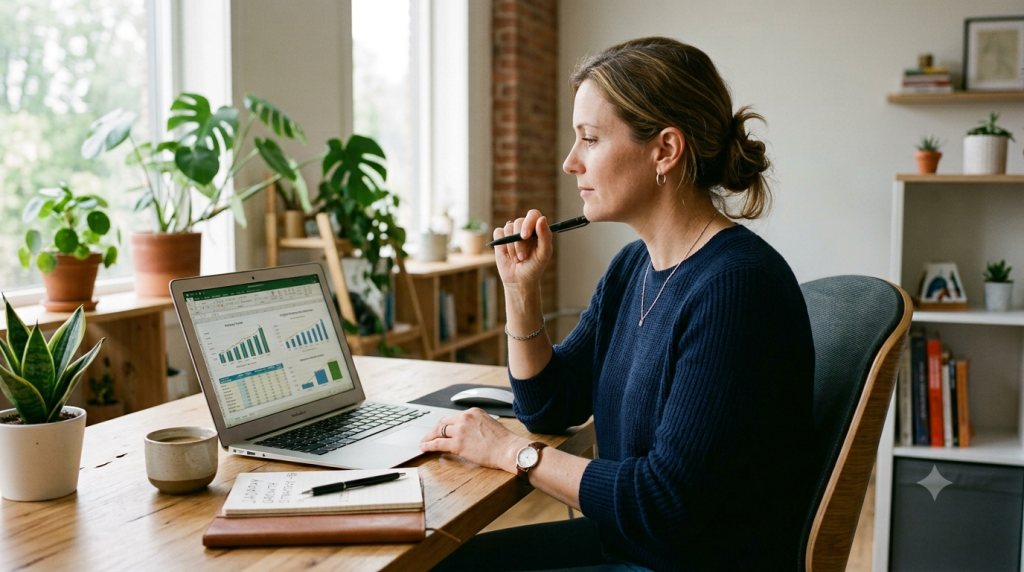 A woman sitting thoughtfully at a clean wooden desk with a laptop displaying financial charts and spreadsheets, holding a pen, set in a bright, modern office with plants.
