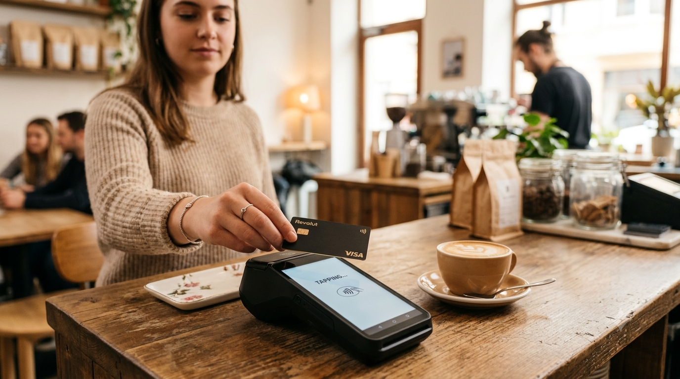 Customer tapping a contactless credit card on a wireless POS terminal at a coffee shop counter.